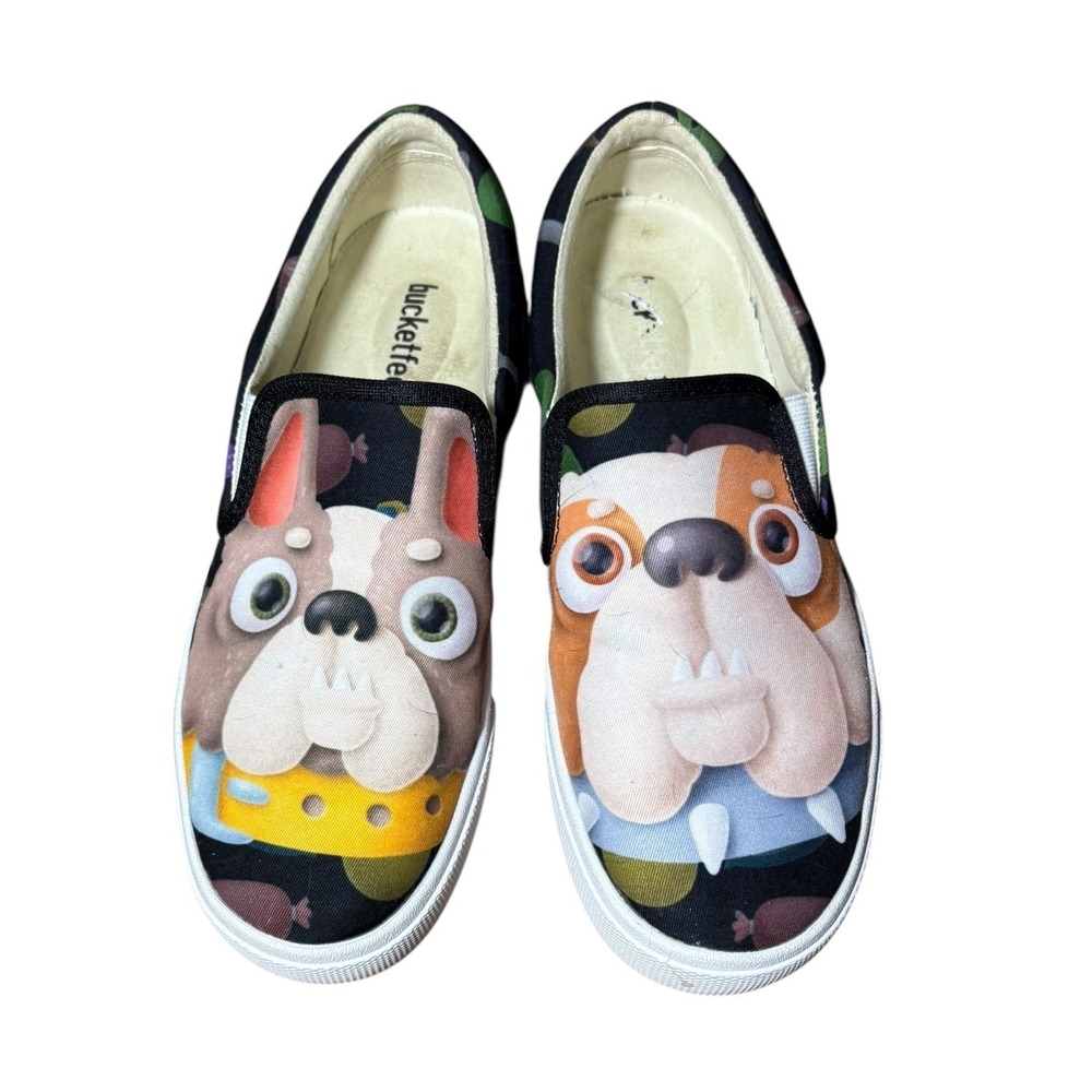 Bucketfeet Slip On Shoes Bulldog Dog Print Canvas Sneakers 7.5‎ Womens